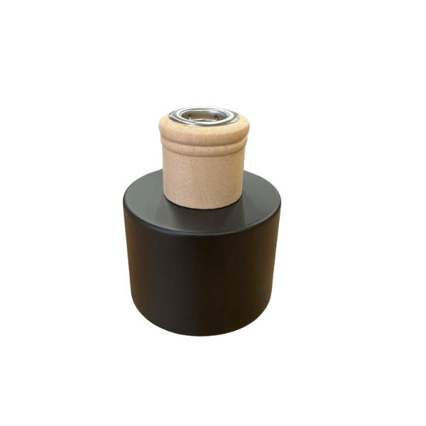 Glass Diffuser Bottle Matt Black - 125ml - Round with Wood Cap and Metal Insert
