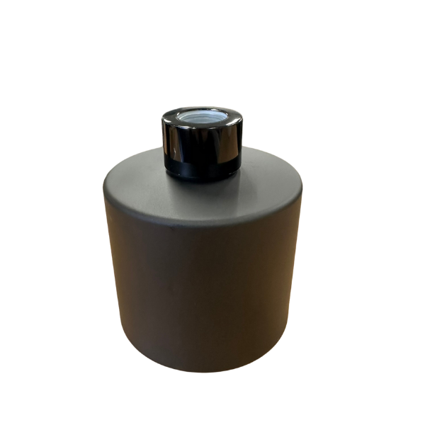Glass Diffuser Bottle Matt Black - 200mls - Round with Sealing Plug and Black Screw Cap