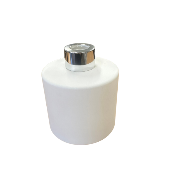 Glass Diffuser Bottle Matt White - 200mls - Round with Sealing Plug and Silver Screw Cap